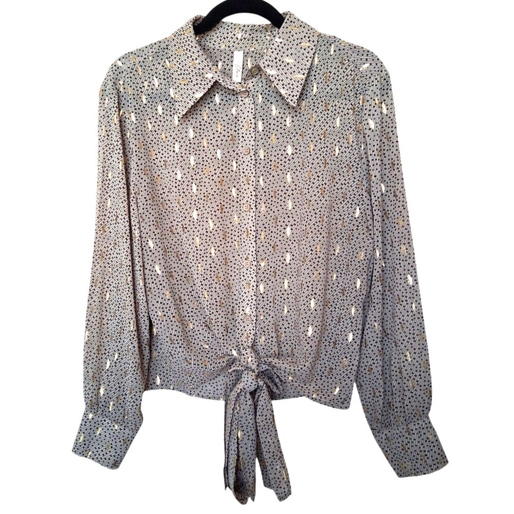 Elan Cream/Black Stripe and Gold-Foil Print Blouse Women's